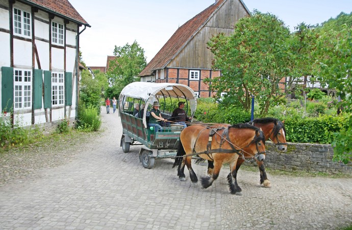 Eine von zwei Pferden gezogene Kutsche fährt über die Dorfstraße im Paderborner Dorf